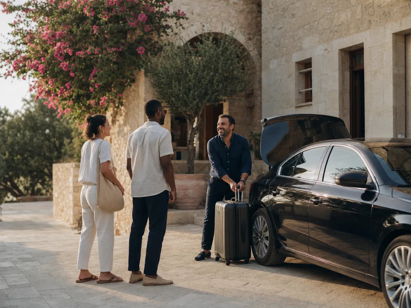 A local TaxiNow driver welcoming travelers at a Cretan hotel